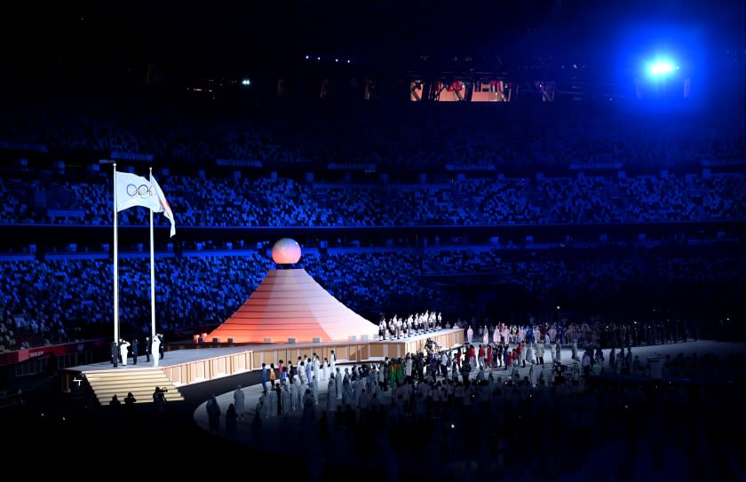 Entertainers perform during opening ceremonies at the 2020 Tokyo Olympics.