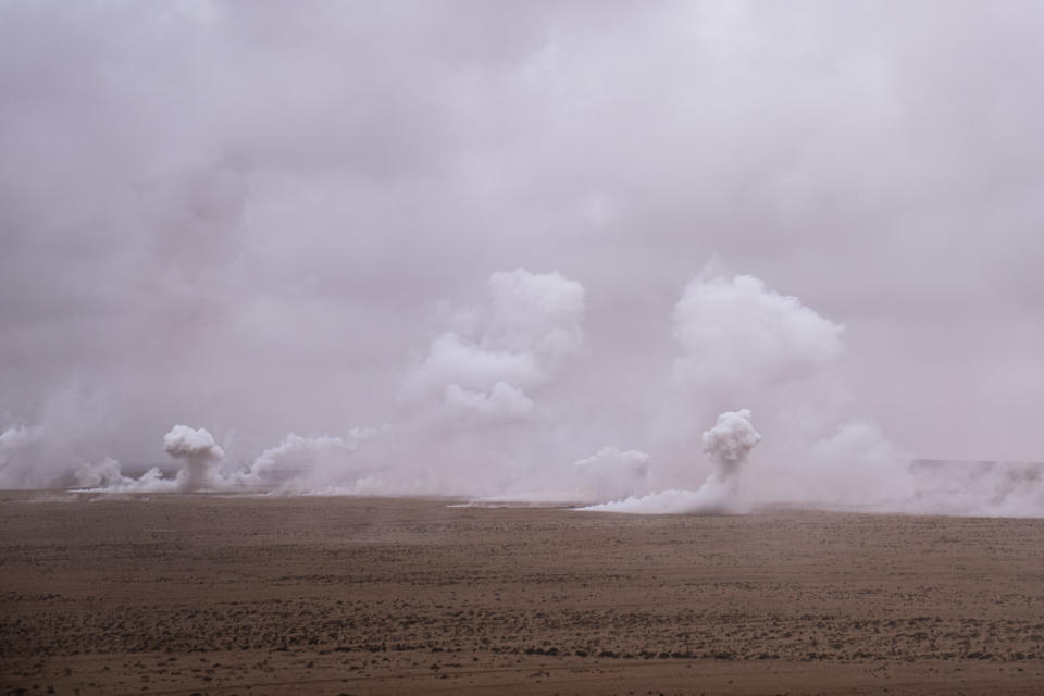 A target is hit with artillery fire as U.S and Moroccan military forces take part in the 20th edition of the African Lion military exercise, in Tantan, south of Agadir, Morocco, Friday, May 31, 2024. (AP Photo/Mosa'ab Elshamy)