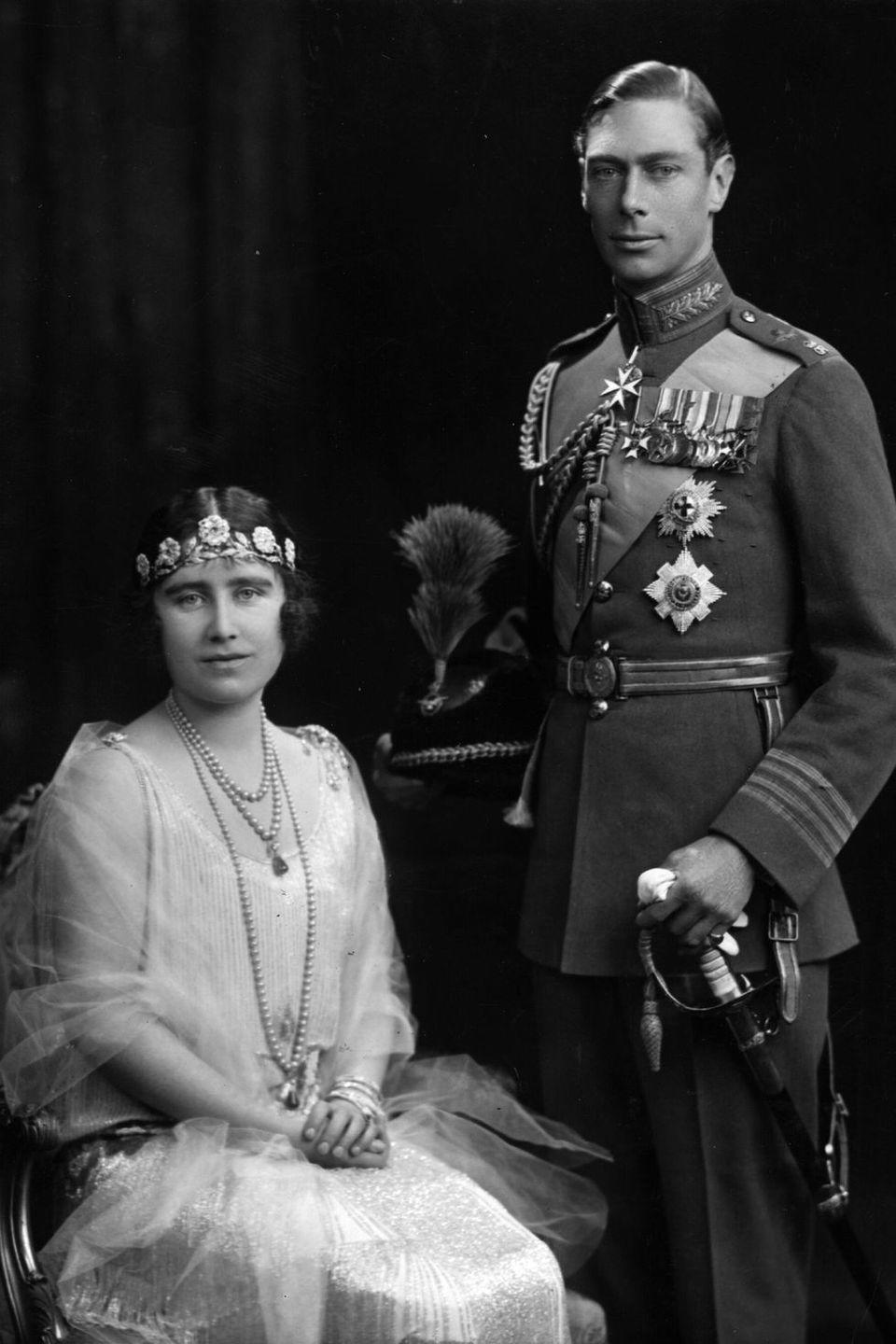 <p><strong>Wedding date: </strong>April 26, 1923 </p><p><strong>Wedding tiara: </strong>For her bridal portraits, Queen Elizabeth's mother wore the Strathmore tiara, which was a wedding gift from her father, the Earl of Strathmore. The tiara likely dates back to the late nineteenth century, and it features a garland of roses set with rose-cut diamonds. </p>