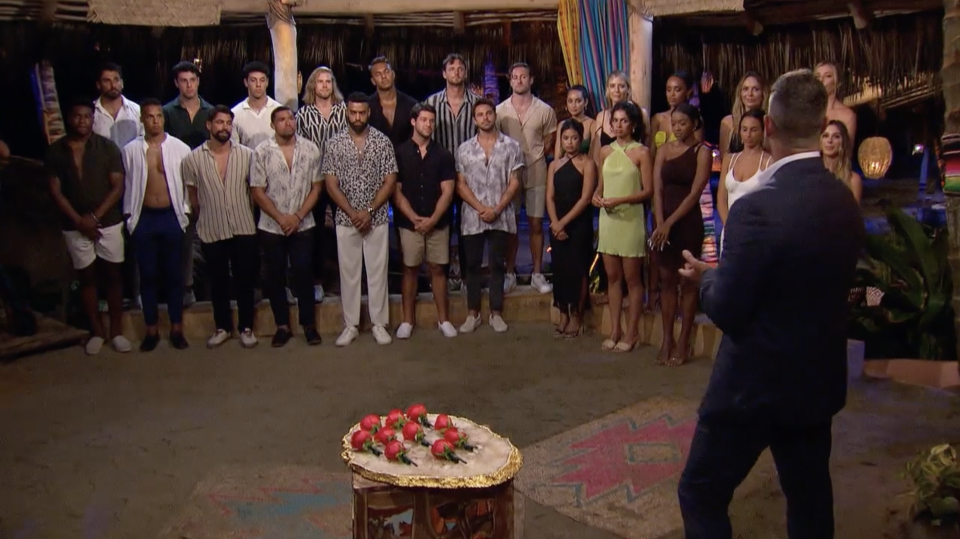 The Bachelor in Paradise cast stand together before the rose ceremony