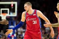 Nov 1, 2018; Philadelphia, PA, USA; Philadelphia 76ers forward Mike Muscala (31) reacts after an and one could against the LA Clippers during the third quarter at Wells Fargo Center. Mandatory Credit: Bill Streicher-USA TODAY Sports