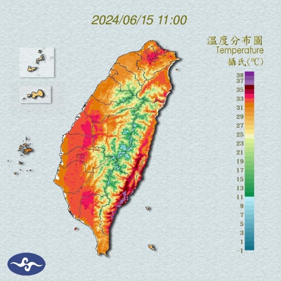 今(15)日中午前後台東縣為橙色燈號，有38度極端高溫出現的機率；台北市、新北市、桃園市、彰化縣、花蓮縣為黃色燈號。   圖：氣象署／提供