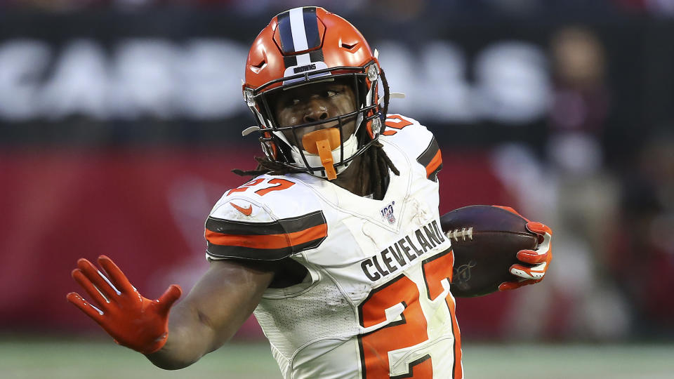 Cleveland Browns running back Kareem Hunt (27) played eight games after serving a suspension. (AP Photo/Ross D. Franklin)