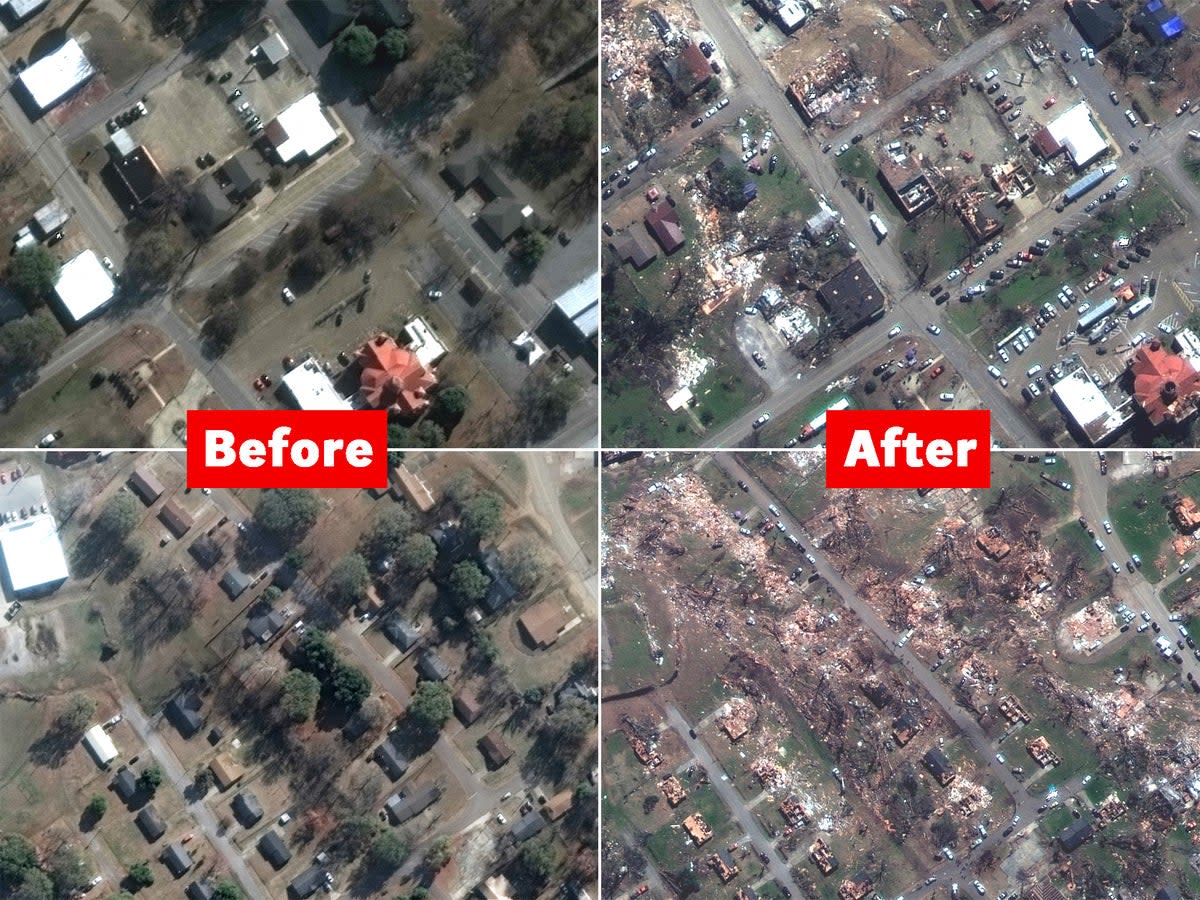 Before and after images show the devastation in the town of Rolling Fork, Mississippi after a tornado on Friday night  (AP/Getty/ Satellite image ©2023 Maxar Technologies)