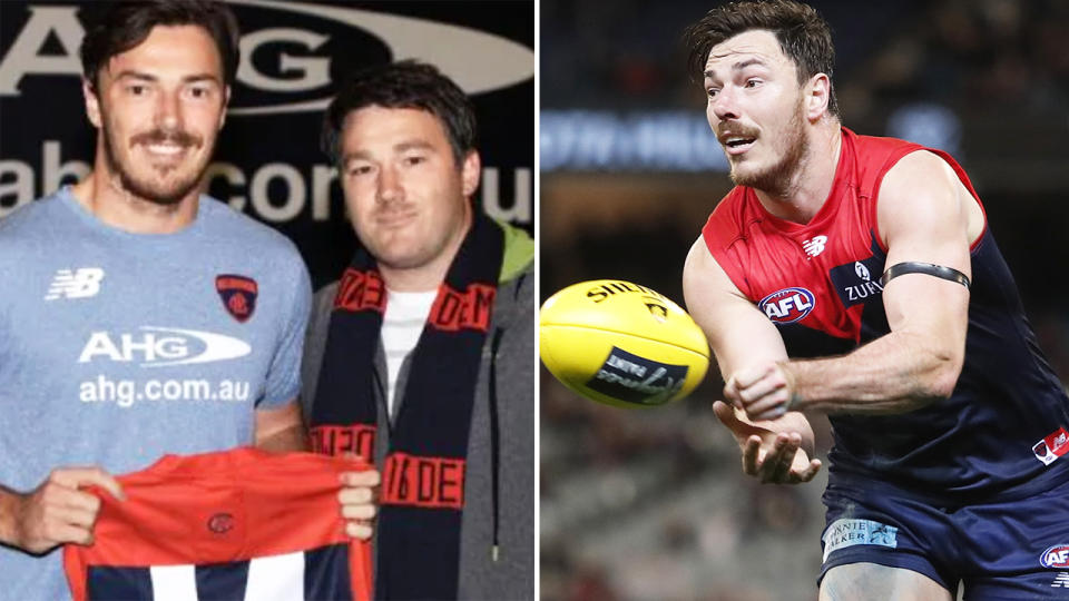 Michael Hibberd, pictured here with his brother Geoff and in action in the AFL.