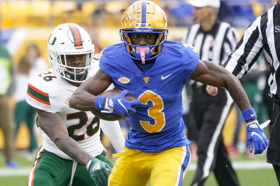 Pittsburgh wide receiver Jordan Addison runs with the ball against Miami in October.