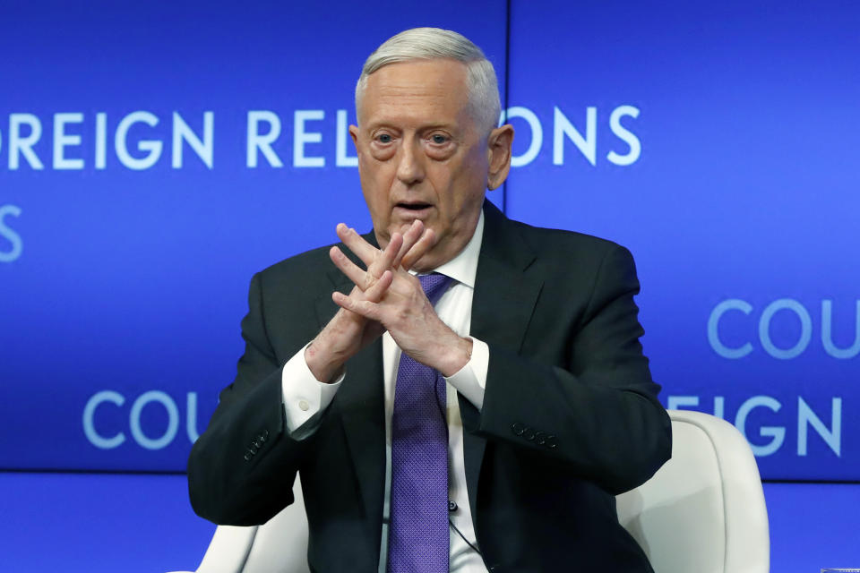 Former U.S. Secretary of Defense Jim Mattis speaks at the Council on Foreign Relations, in New York, Tuesday, Sept. 3, 2019. (AP Photo/Richard Drew)