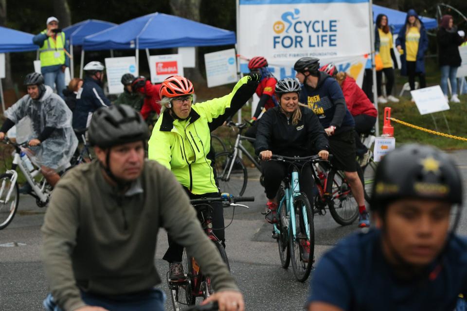 Riders head out on the course during the 25th Annual Cystic Fibrosis Foundation Cycle For Life at Our Lady of Fatima Shrine in Holliston, Oct. 1, 2022.