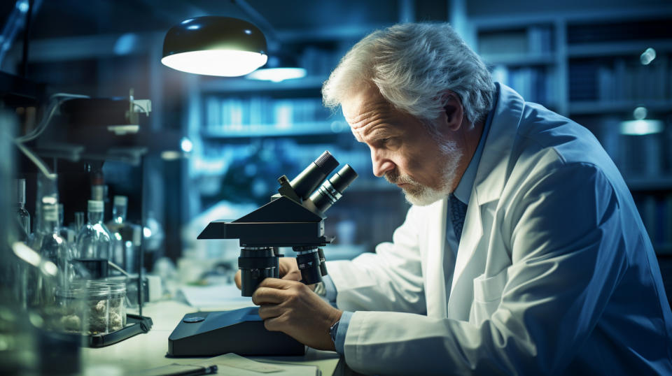 A research doctor, looking intently at their microscope as they try to decipher the mysteries of immuno-oncology.