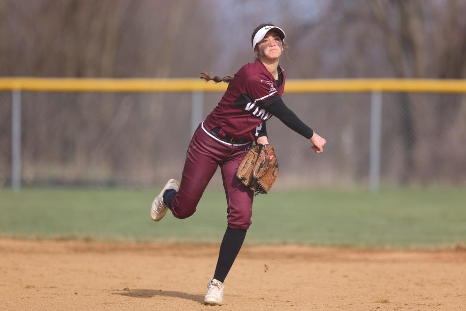 Waterloo shortstop Morgan Sweitzer makes a throw to first base during a game against the Mathews Mustangs, Friday, April 7, 2023 in Atwater.