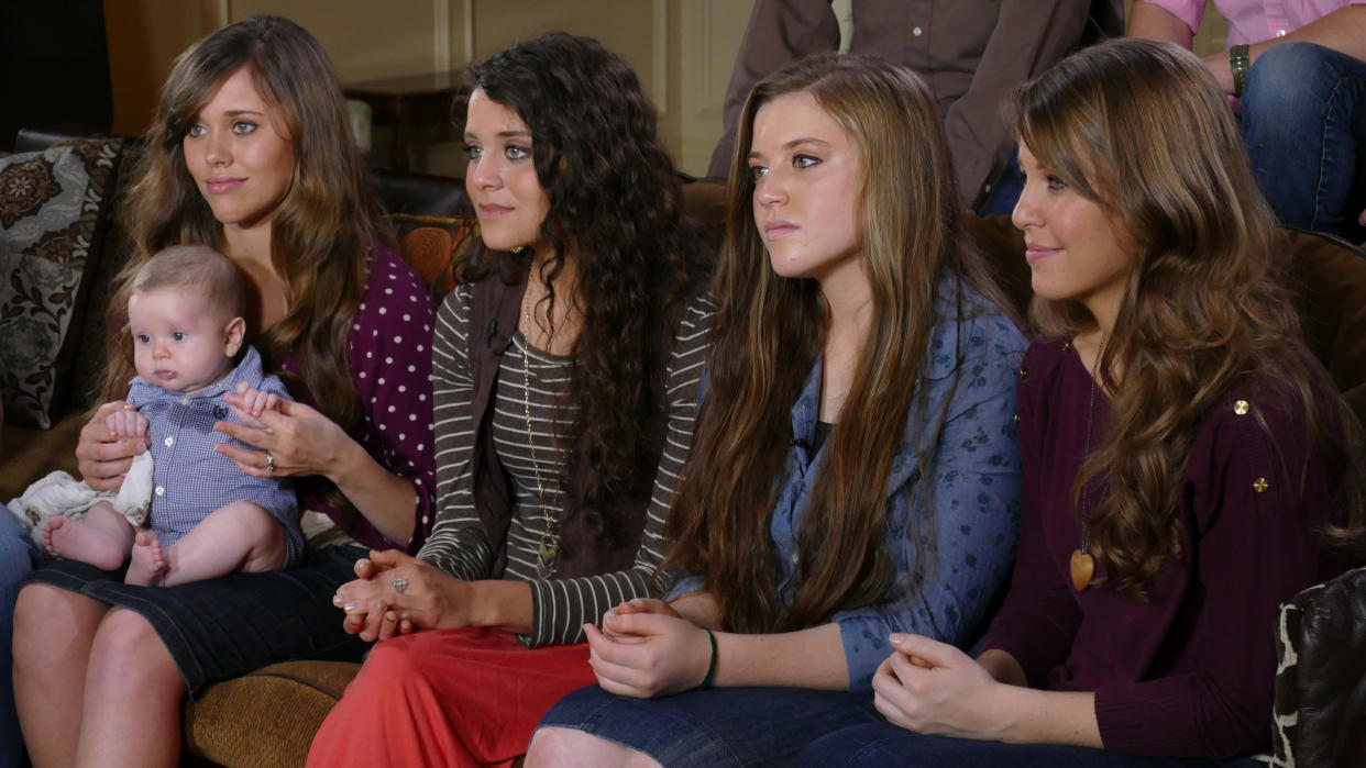 (L to R) Jessa Seewald, depicted with her sisters Jinger Vuolo, Joy Duggar and Jana Duggar, spoke about their brother Josh Duggar's April 30 arrest. (Photo: Getty Images)