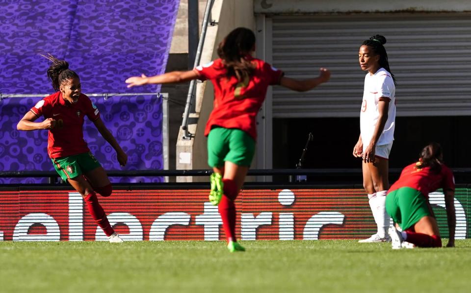 Portugal’s Jessica Silva (left) celebrates scoring their side’s second goal of the game during the UEFA Women’s Euro 2022 Group C match at Leigh Sports Village, Wigan. Picture date: Saturday July 9, 2022. (PA Wire)