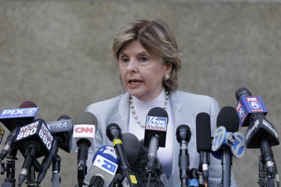 Attorney Gloria Allred, who represents one of the accusers in the criminal case, speaks to reporters in front of State Supreme Court following a hearing related to former movie mogul Harvey Weinstein's sexual assault case, Thursday, July 11, 2019, in New York. (AP Photo/Seth Wenig)