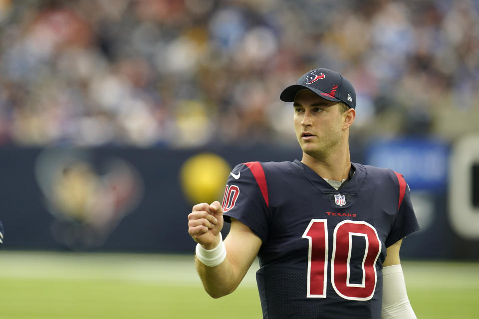 Houston Texans quarterback Davis Mills has impressed at times in his rookie season. (AP Photo/Matt Patterson)