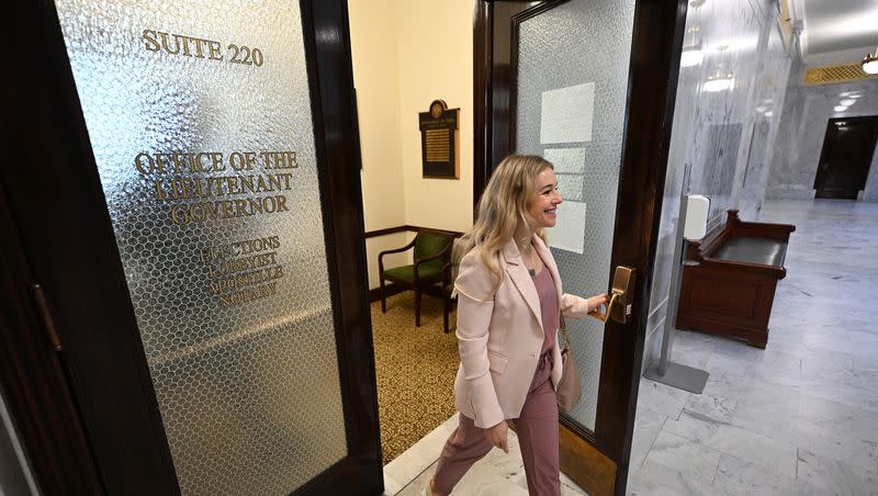 Caroline Gleich exits the lieutenant governor’s offices after paying her filing fees as a U.S. Senate candidate at the Capitol in Salt Lake City on Monday, Jan. 8, 2024.