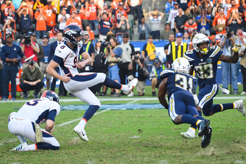 <p>Kicker Brandon McManus #8 of the Denver Broncos kicks a field goal to win the game 23-22 against the Los Angeles Chargers at StubHub Center on November 18, 2018 in Carson, California. (Photo by Jayne Kamin-Oncea/Getty Images) </p>