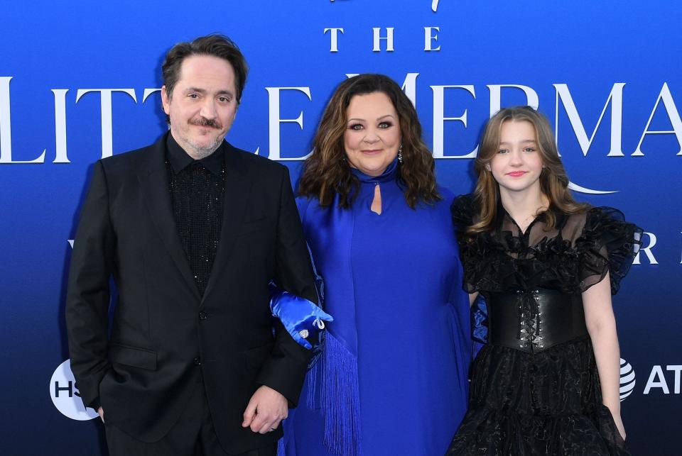 Ben Falcone, Melissa McCarthy, and their daughter arrive for the world premiere of Disney's "The Little Mermaid" at the Dolby Theatre in Hollywood, California, on May 8, 2023