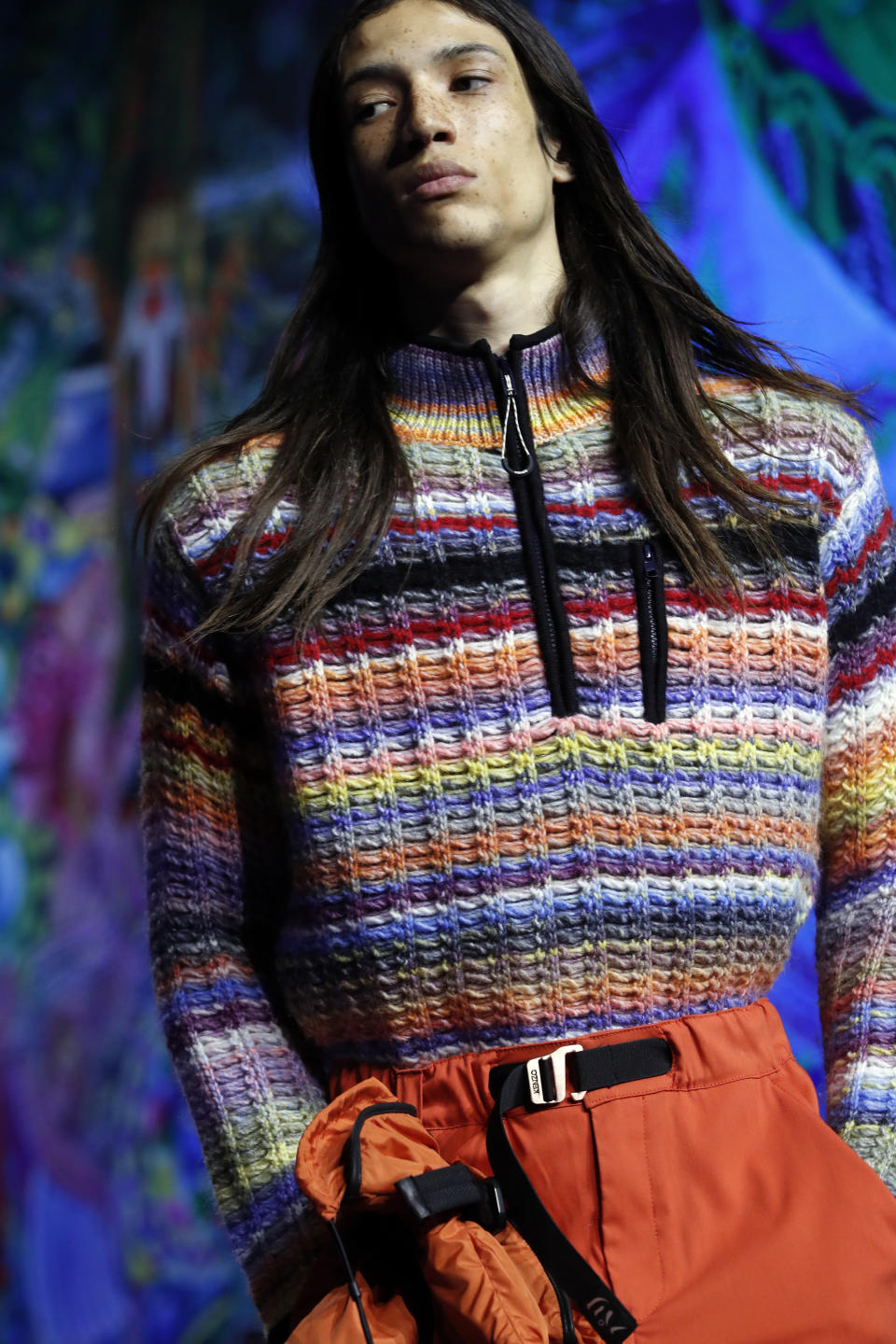 A model wears a creation during Kenzo men's and women's Fall/Winter 2019/20 fashion collection presented in Paris, Sunday Jan .20, 2019. (AP Photo/Christophe Ena)