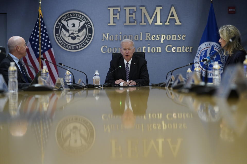 President Joe Biden participates in a briefing on the upcoming Atlantic hurricane season, at FEMA headquarters, Monday, May 24, 2021, in Washington. Homeland Security Secretary Alejandro Mayorkas is left. (AP Photo/Evan Vucci)