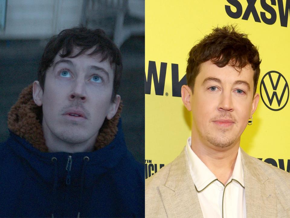left: will in 3 body problem, wearing a blue coat and looking towards the sky; right: alex sharp in a light bronw coat and white shirt at south by southwest