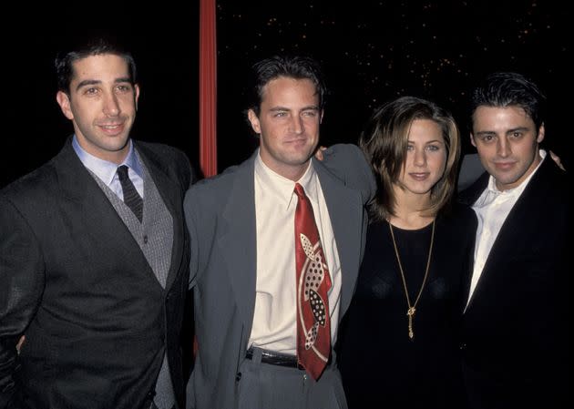 Matthew with Friends co-stars David Schwimmer, Jennifer Aniston and Matt LeBlanc (Photo: Jim Smeal via Getty Images)