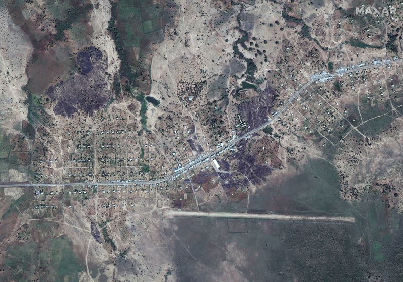 An overview of Dansha airport and destroyed buildings in Dansha, Ethiopia