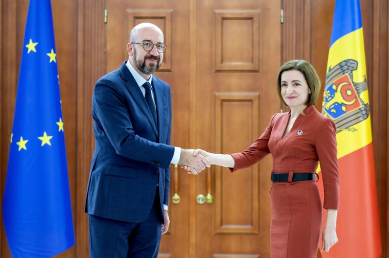 European Council President Charles Michel (L) and President of Moldova Maia Sandu (R) shake hands after a joint press conference in Chisinau, Moldova in 2022. File Photo by Dumitru Doru/EPA-EFE