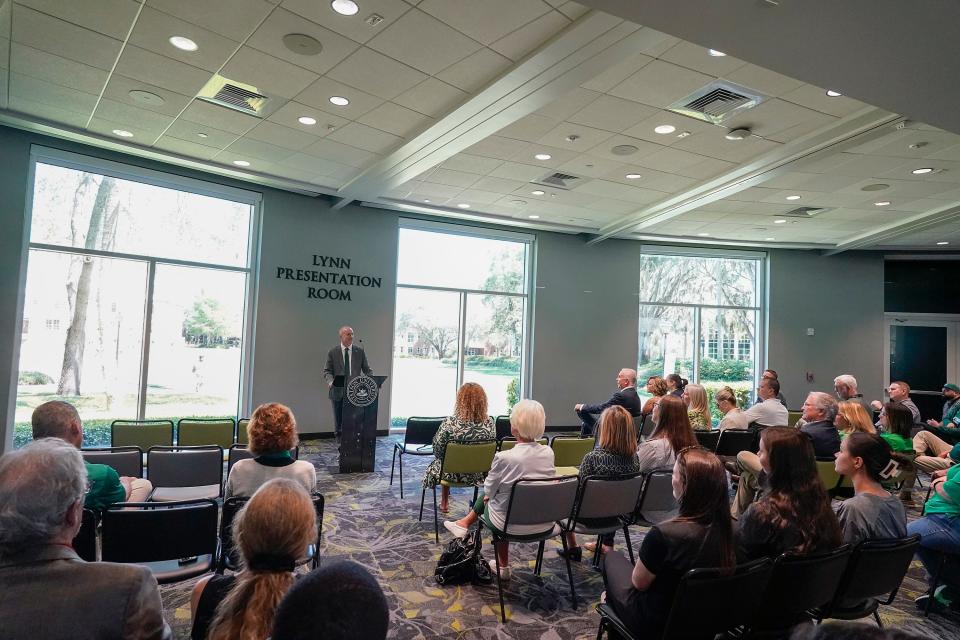 New Stetson athletic director Ricky Ray addresses the crowd during a ceremony on campus, Friday, April 12, 2024.