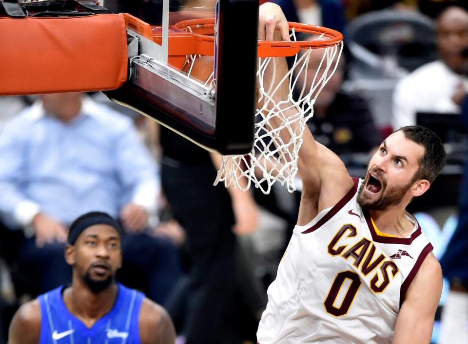 Cleveland Cavaliers forward Kevin Love (0) dunks in the second quarter against the Orlando Magic at Quicken Loans Arena on Saturday, Oct. 21, 2017, in Cleveland, Ohio.