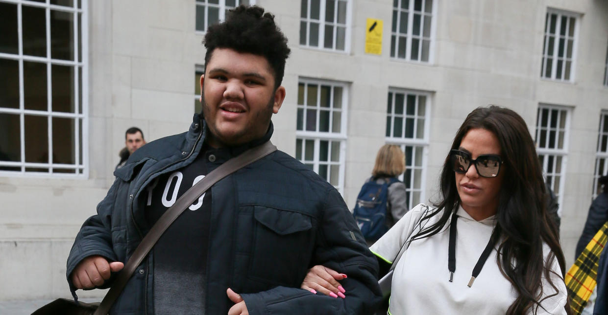 Katie leaving BBC studios with son Harvey in London on Wednesday (Getty Images).