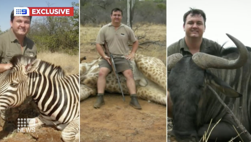 Jewell Crossberg poses with the carcasses of a zebra, a giraffe and a wildebeest. In one photo he holds a gun.