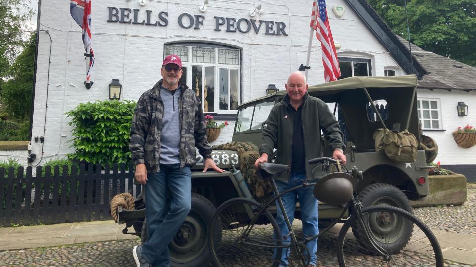 Andy and Ian Gough with their US Army Jeep outside the Bells of Peover pub
