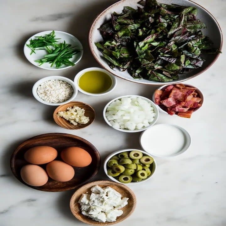 Ingredients for eggs and Swiss chard bake