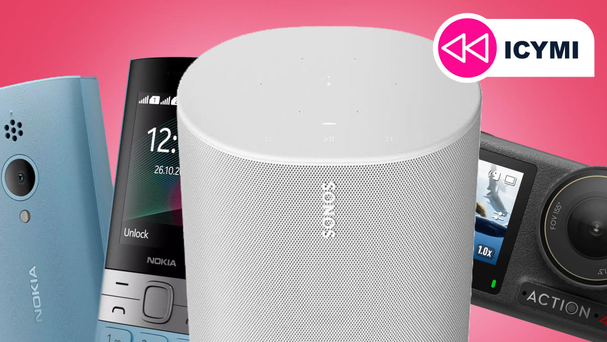  A Nokia phone, Sonos speaker and DJI action camera on a pink background 