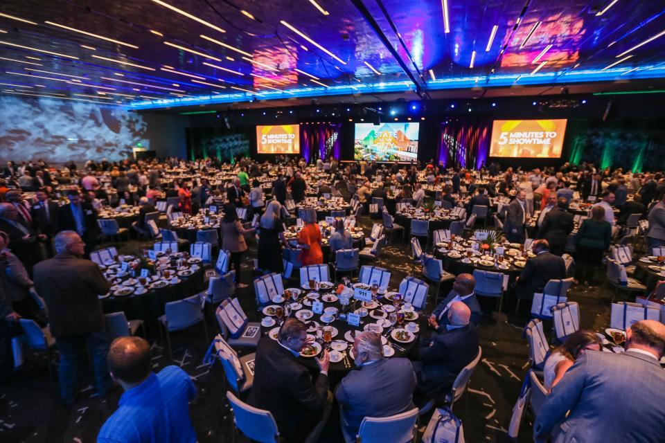 Guests sit to eat before Oklahoma City Mayor, David Holt speaks at the State of the City at the Oklahoma City Convention Center on Thursday, July 14, 2022.