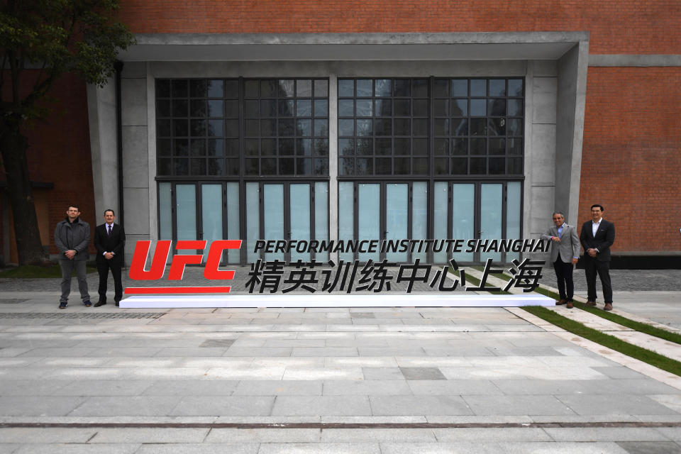 SHANGHAI, CHINA - NOVEMBER 20:  (L-R) Forrest Griffin, UFC Vice President Athlete Development, Lawrence Epstein, UFC Chief Operating Officer, Andrew Schleimer, UFC Chief Financial Officer and Kevin Chang, Vice President UFC Asia-Pacific pose for a photo during an onsite visit prior to the  UFC Performance Institute Press Conference on November 20, 2018 in Shanghai, China. (Photo by Jeff Bottari/Zuffa LLC/Zuffa LLC via Getty Images)