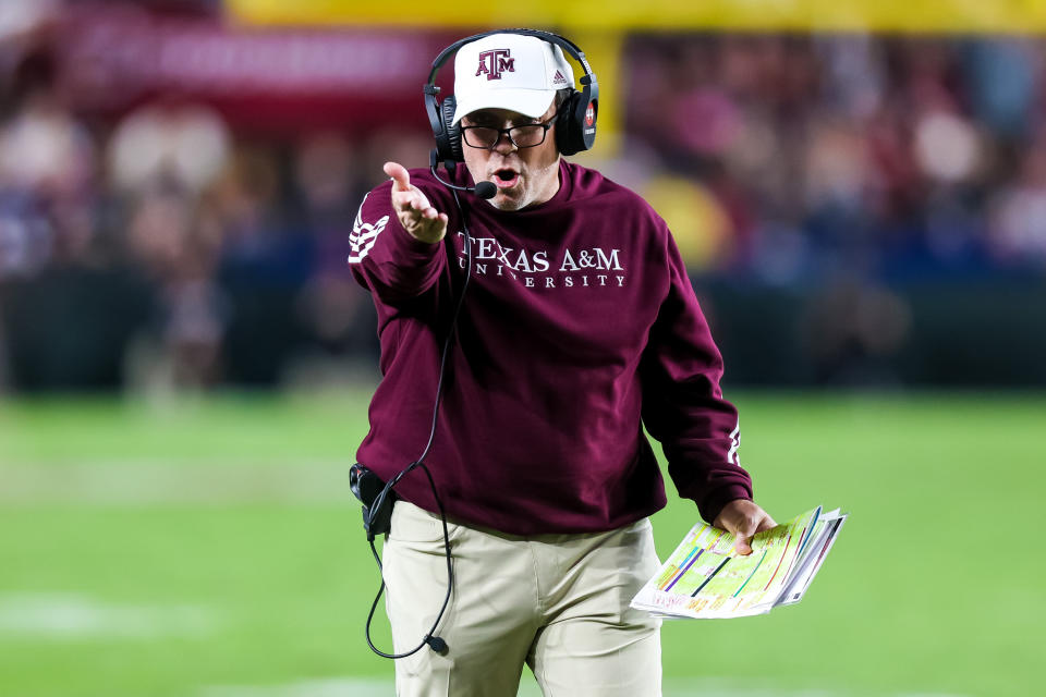 Oct 22, 2022; Columbia, South Carolina, USA; Texas A&M Aggies head coach Jimbo Fisher directs his team against the South Carolina Gamecocks in the second quarter at Williams-Brice Stadium. Mandatory Credit: Jeff Blake-USA TODAY Sports