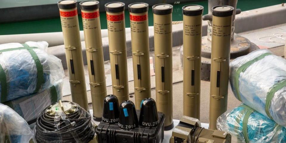 Anti-tank guided missiles and medium-range ballistic missile components seized by the United Kingdom Royal Navy sit pierside during inventory at a military facility in the US 5th Fleet area of operations, Feb. 26, 2023.