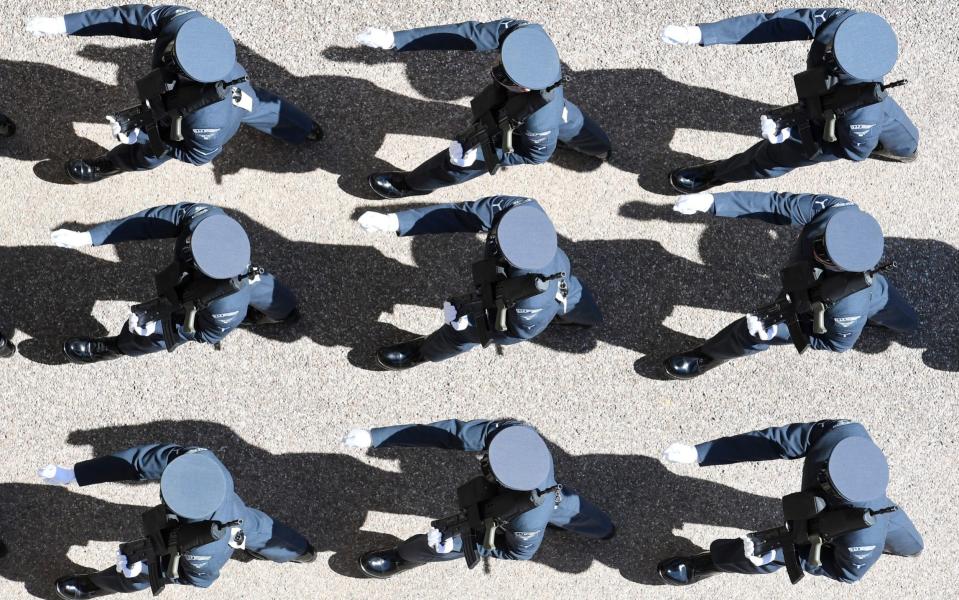 Airmen of the Royal Air Force marching ahead of the funeral of Prince Philip