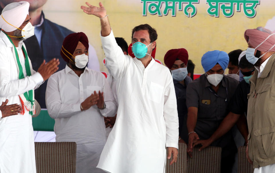 BATHINDA, INDIA  OCTOBER 4: Former Congress President Rahul Gandhi waves during the Kisan Bachao rally at Badhni Kalan in Moga, on October 4, 2020 in Bathinda, India. Congress leader Rahul Gandhi extended support to protesting farmers of the country onSunday and said that he will fight for their rights even as the Prime Minister Narendra Modi-led government is bent on taking away bread and land from them.(Photo by Sanjeev Kumar/Hindustan Times via Getty Images)