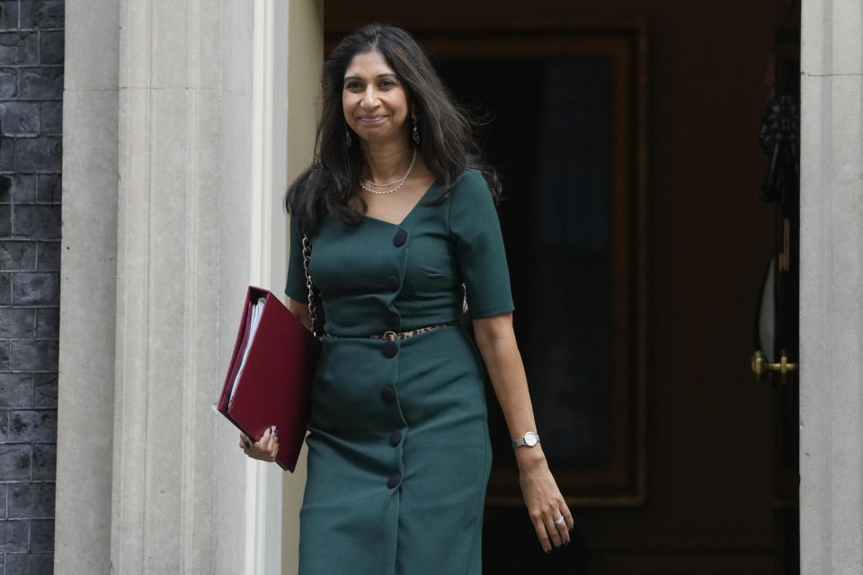 Britain's Home Secretary Suella Braverman leaves after attending a cabinet meeting at Downing Street in London, Tuesday, Sept. 5, 2023. (AP Photo/Kirsty Wigglesworth)