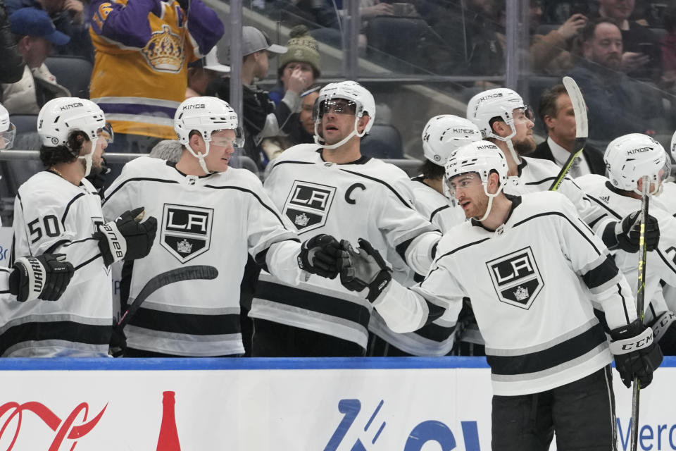 Los Angeles Kings right wing Gabriel Vilardi (13) is congratulated after scoring against the New York Islanders during the second period of an NHL hockey game Friday, Feb. 24, 2023, in Elmont, N.Y. (AP Photo/Mary Altaffer)