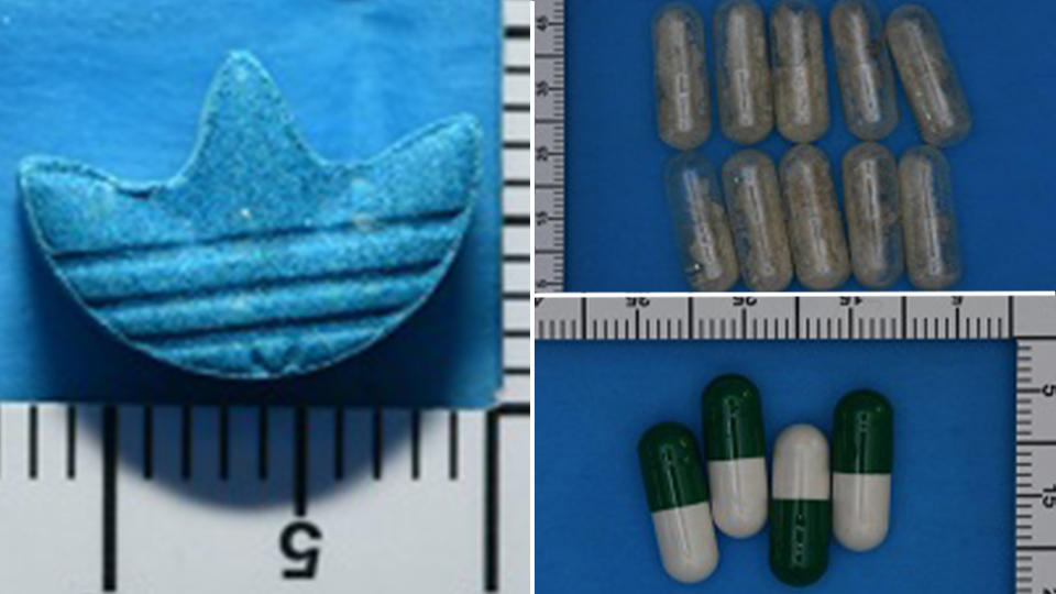 Pictured are the 'Adidas' tablets of MDMA, as well as the clear and green and white capsules, that NSW Health is warning about.