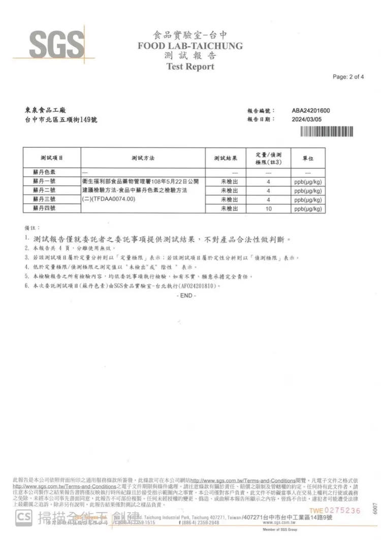 東泉無驗出蘇丹紅。翻攝自東泉臉書