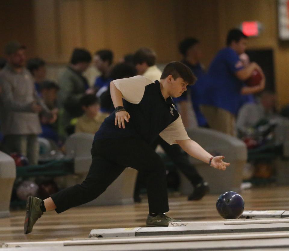 John Jay-East Fishkill's Jayden Conto bowls in the Section 1 boys bowling championship in Fishkill on February 14, 2024.
