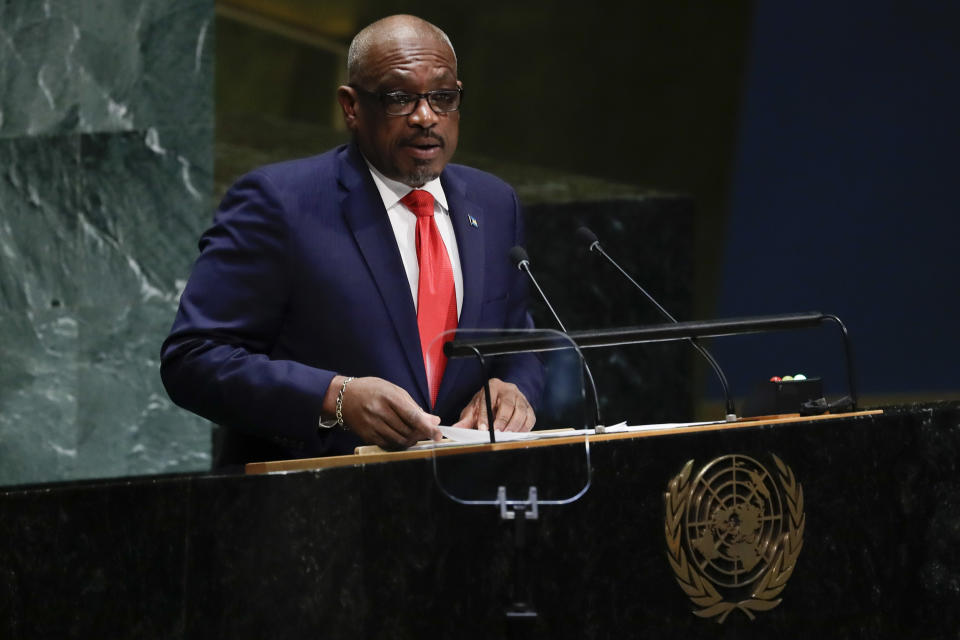 The Bahamas' Prime Minister Hubert Minnis addresses the 74th session of the United Nations General Assembly, Friday, Sept. 27, 2019, at the United Nations headquarters. (AP Photo/Frank Franklin II)