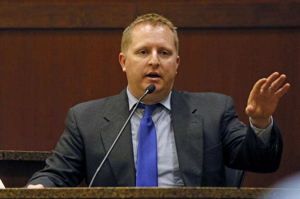 Fargo Police Det. Philip Swan talks about finding a baby in Brooke Crews' apartment during testimony, Wednesday, Sept. 26, 2018, in Cass County District Court in Fargo, N.D., during the trial of William Hoehn on a charge of conspiring to murder Savanna LaFontaine-Greywind. (David Samson/The Forum via AP, Pool)