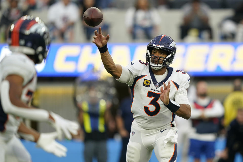Denver Broncos quarterback Russell Wilson (3) passes during the second half of an NFL football game against the Los Angeles Chargers, Sunday, Dec. 10, 2023, in Inglewood, Calif. (AP Photo/Ryan Sun)