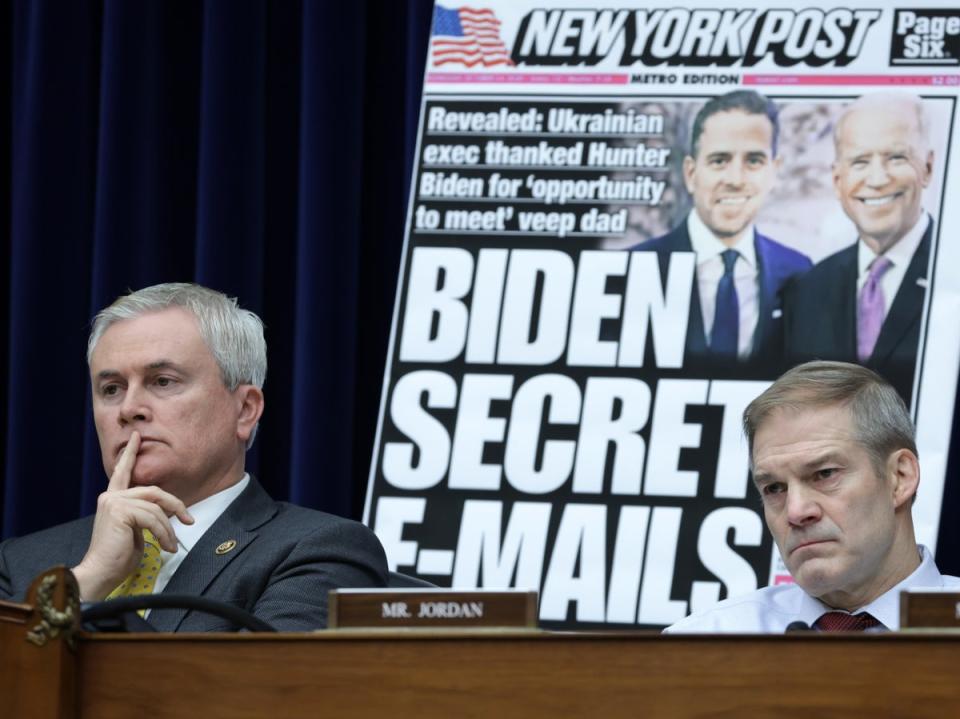 Committee Chairman Rep. James Comer (R-KY) and Rep. Jim Jordon (R-OH) listen during a hearing (Getty Images)