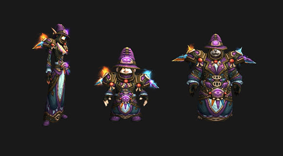 Three mages stand in a line wearing challenge mode mage gear, a female blood elf, a male gnome, and a male pandaren.